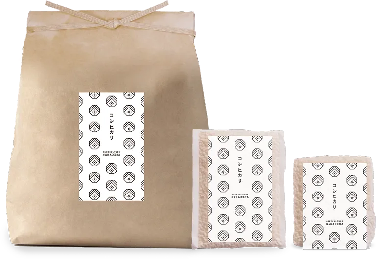 有機栽培米仕様
コシヒカリ（無洗米）のパッケージ三種類